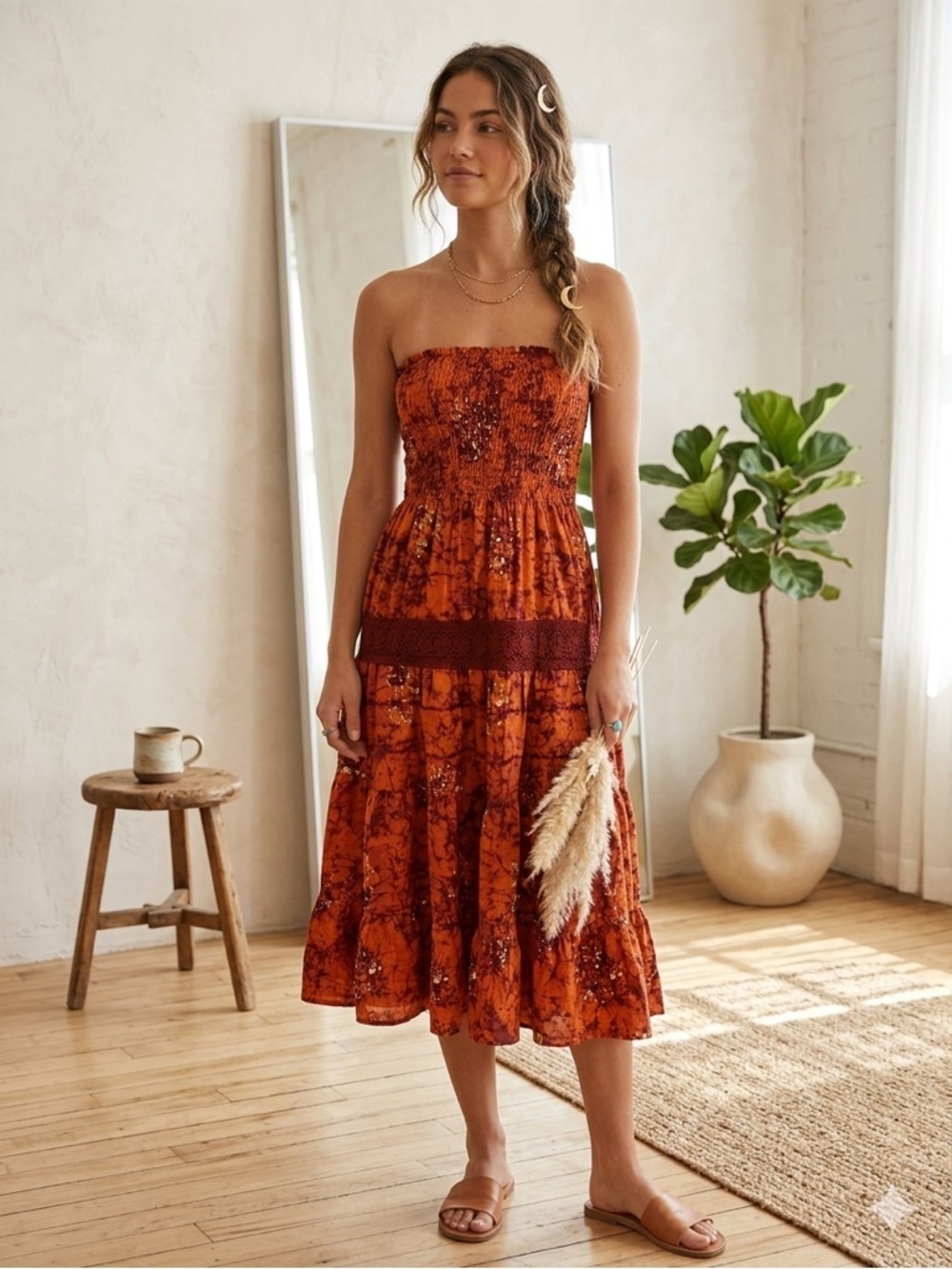S'Cool Boho Batik Strapless Smocked Maxi Dress Rust Orange Cotton Tiered - Picture 1 of 7
